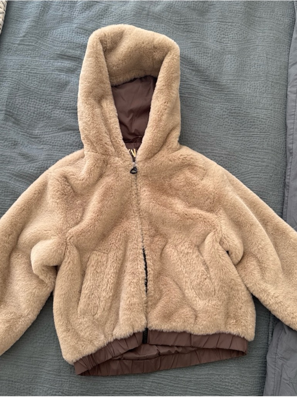 Zara Kids Plush Faux Fur Hooded Jacket in Tan